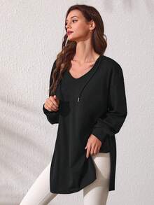 Lifespree 女款下垂肩長袖連帽運動衫 - 黑色 - 查看 7