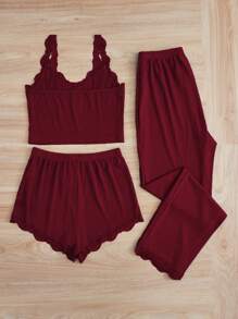 SHEIN 女士纯色蕾丝拼布睡衣套装休闲套装 - 酒紅色 - 查看 2