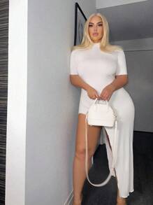 SHEIN SXY Plus Size Solid Color Asymmetric Hem Dress - White - View 4