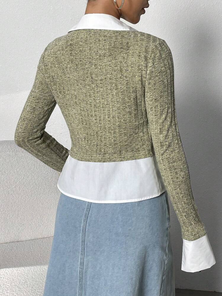 Women's Contrast Color Collar Ribbed T-Shirt