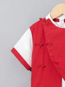 SHEIN Conjunto Casual De Dos Piezas Hanfu Estilo Chino Con Estampado, Para Niño Joven. Incluye Camisa De Manga Corta Con Cuello Alto Y Pantalones