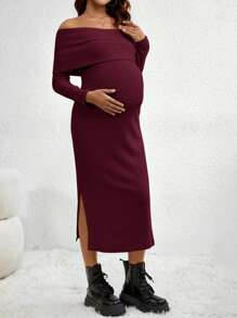 SHEIN Maternity Off-Shoulder Split Dress - Burgundy - View 6
