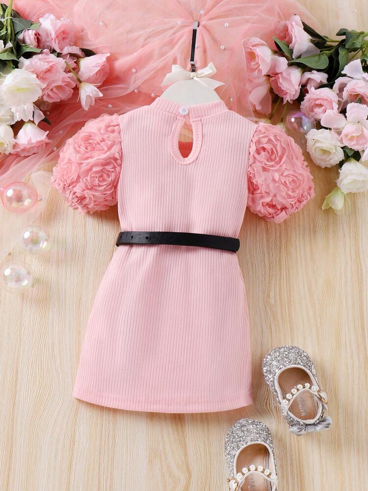 Baby Girl 3d Flower Bubble Sleeve Dress With Waist Bag