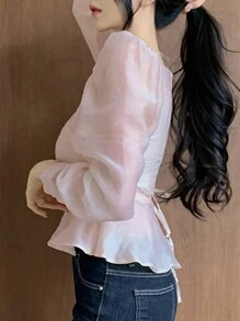 DAZY 女式甜心领口修腰长袖上衣 - 杏色 - 查看 7