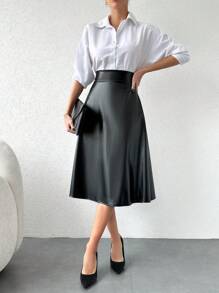 EURMUSE Solid PU Leather Flare Hem Skirt - Black - View 4