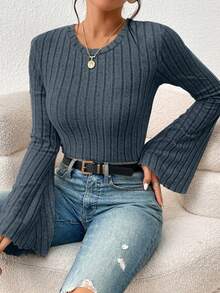 SHEIN Frenchy Women's V-Neck Ribbed T-Shirt With Flare Sleeves - Dusty Blue - View 6