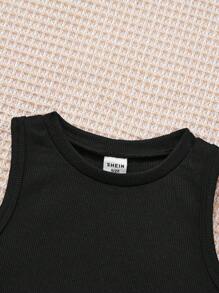 SHEIN Leap Crew Young Girl Ribbed Tank Top & Flower Printed Pants Set - Black - View 3
