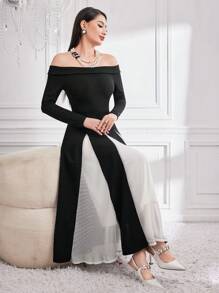 Modelyn Women's Off Shoulder Long Sleeve Colorblock Bodycon Dress Long Evening Dresses - Black and White - View 1