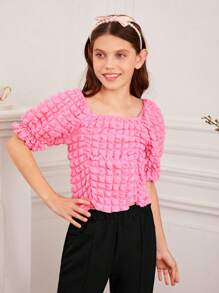 Tween Girls' Square Neck Puff Sleeve Checkered Shirt With Pleats And 3d Pattern Design - Hot Pink - View 3