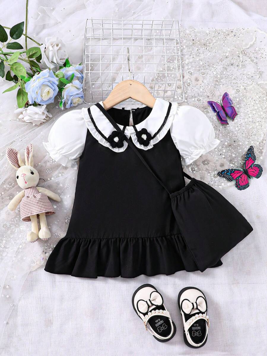 Baby Girl Color Block Peter Pan Collar Short Puff Sleeve Bubble Dress - Black - View 1