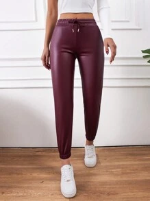 Women's Pu Drawstring Waist And Cuffed Hem Pants - Rose Red - View 4