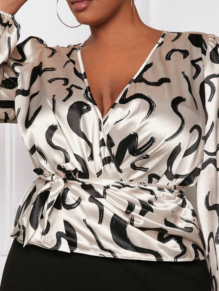 Plus Size Women'S Pattern Printed Lantern Sleeve Shirt And Pants Matching Set