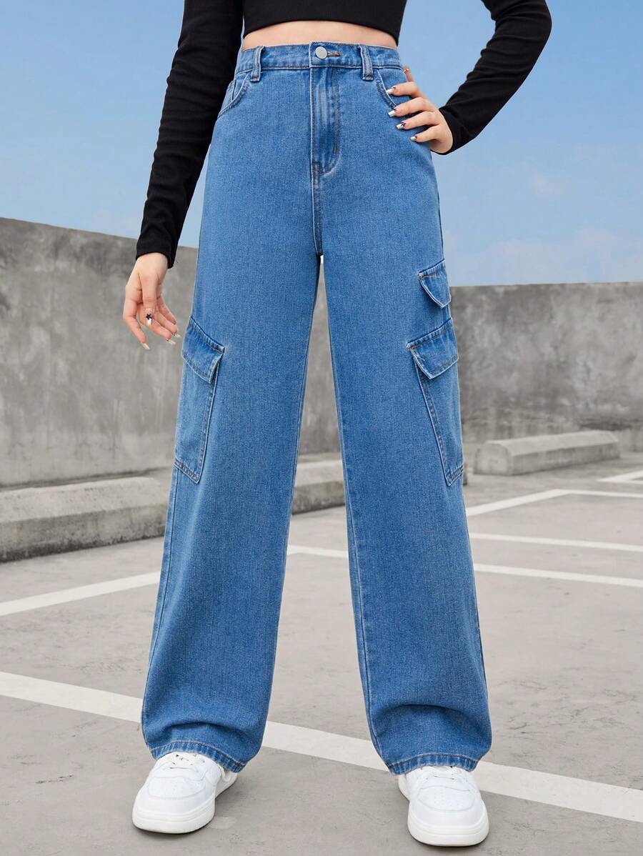 SHEIN Pantalones Vaqueros Rectos Y Cómodos Para Adolescentes - Lavado ligero - Ver 1