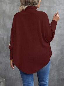 Calvaya Plus Size Women's Asymmetrical Hem Raglan Sleeve Sweater - Burgundy - View 2