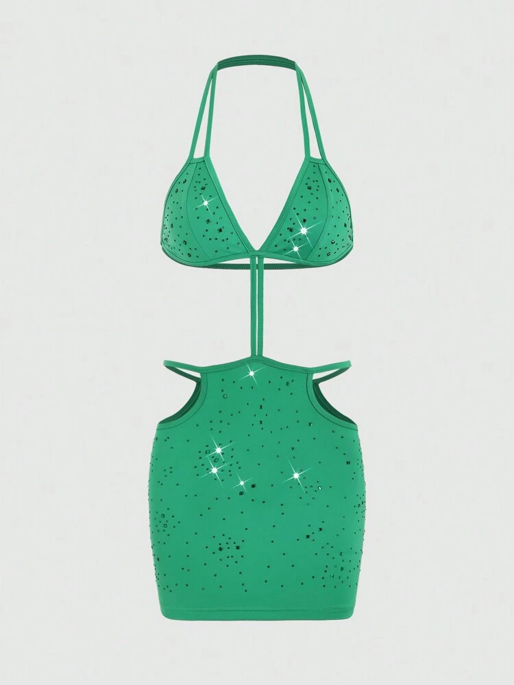 Women's Sleeveless Halter Neck Diamond-Studded Hollow-Out Backless Dress