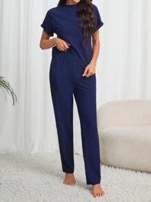 女式短袖立领上衣和裤子家居服套装 - 寶藍色 - 查看 4