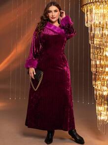 Modelyn Burgundy Red Plus Fuzzy Cuff Flannelette Dress - Burgundy - View 5