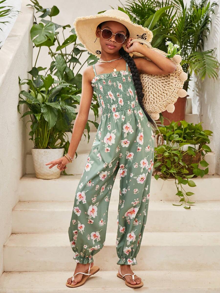 SHEIN Tween Flicka Enkel Sommar Semester Blommigt Mönster Spaghetti-rem Overaller - Grön - Visa 1