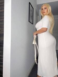 SHEIN SXY Plus Size Solid Color Asymmetric Hem Dress - White - View 2