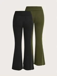 SHEIN EZwear 2入組寬鬆腰部肋紋針織喇叭褲 - 軍綠色 - 查看 2