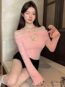 DAZY Của phụ nữ Màu thuần Xu hướng: Cắt giảm Dây Tay áo chuông Áo thun - Hồng - Xem 8