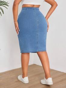 SHEIN SXY Plus Size High Waisted Denim Skirt With Upward Buttons - Light Wash - View 2