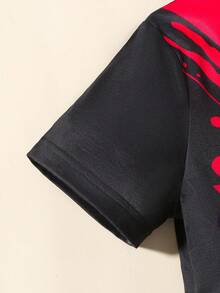 SHEIN 3入組少年男童黑紅色蜘蛛印花短袖T恤和短褲套裝，附帶夏季漁夫帽 - 黑色 - 查看 8