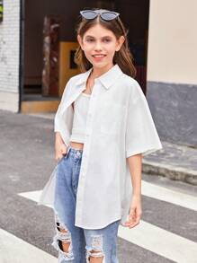 Camisa Casual Solta De Tecido Com Impressão De Letras E Rosto Para Meninas Pré-adolescentes - Branco - Ver 4