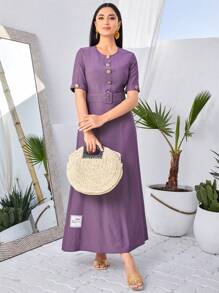Seusyu Button Front Belted A-line Dress - Purple - View 1