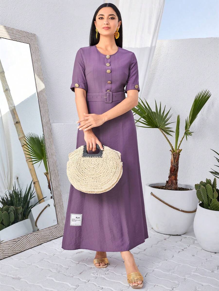 Seusyu Button Front Belted A-line Dress - Purple - View 1