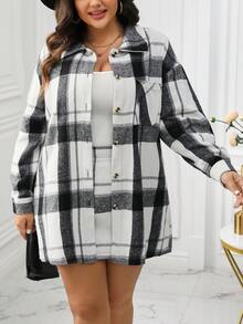 Calvaya Plus Size Women's Plaid Long Sleeve Coat And Skirt Set - Black and White - View 5