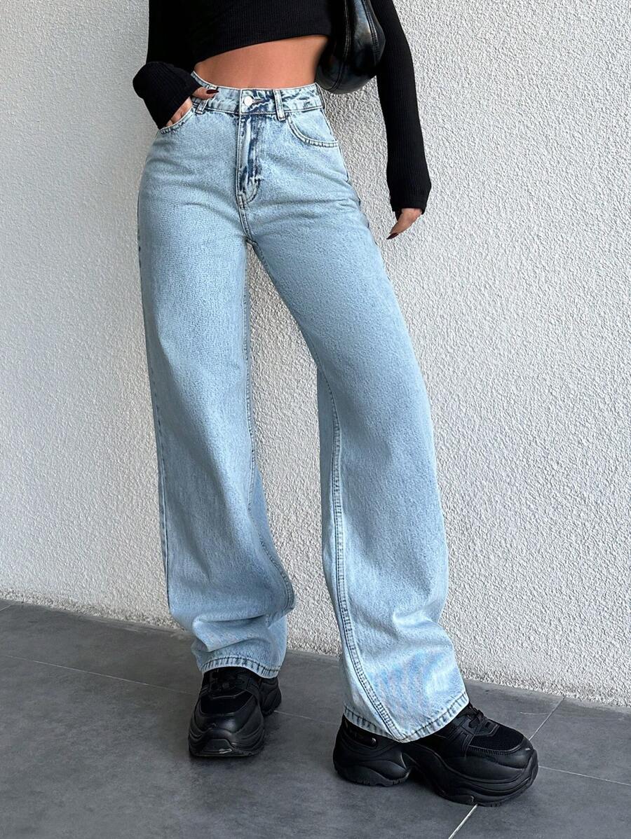 SHEIN Cottnline Jeans De Pierna Recta Para Mujeres Con Efecto Lavado - Lavado ligero - Ver 1