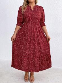 SHEIN LUNE Plus Size Women's Polka Dot Printed Ruffled Hem Dress - Burgundy - View 6