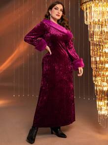 Modelyn Burgundy Red Plus Fuzzy Cuff Flannelette Dress - Burgundy - View 3