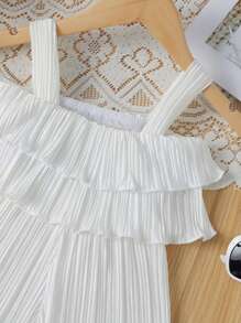 SHEIN Em bé Cô gái Giống như lụa Dây đeo Mì Ý  Áo liền quần Với Xù Hoa Sen Cho mùa hè Ngày lễ - trắng - Xem 5