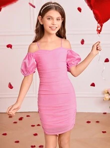 SHEIN Girls' Bubble Open Shoulder Ruffle Trim Spaghetti Straps Dress - Pink - View 4
