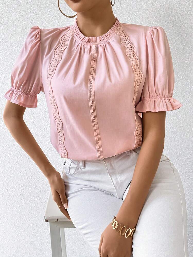 Ladies' Lace Trim Ruffle Sleeve Blouse