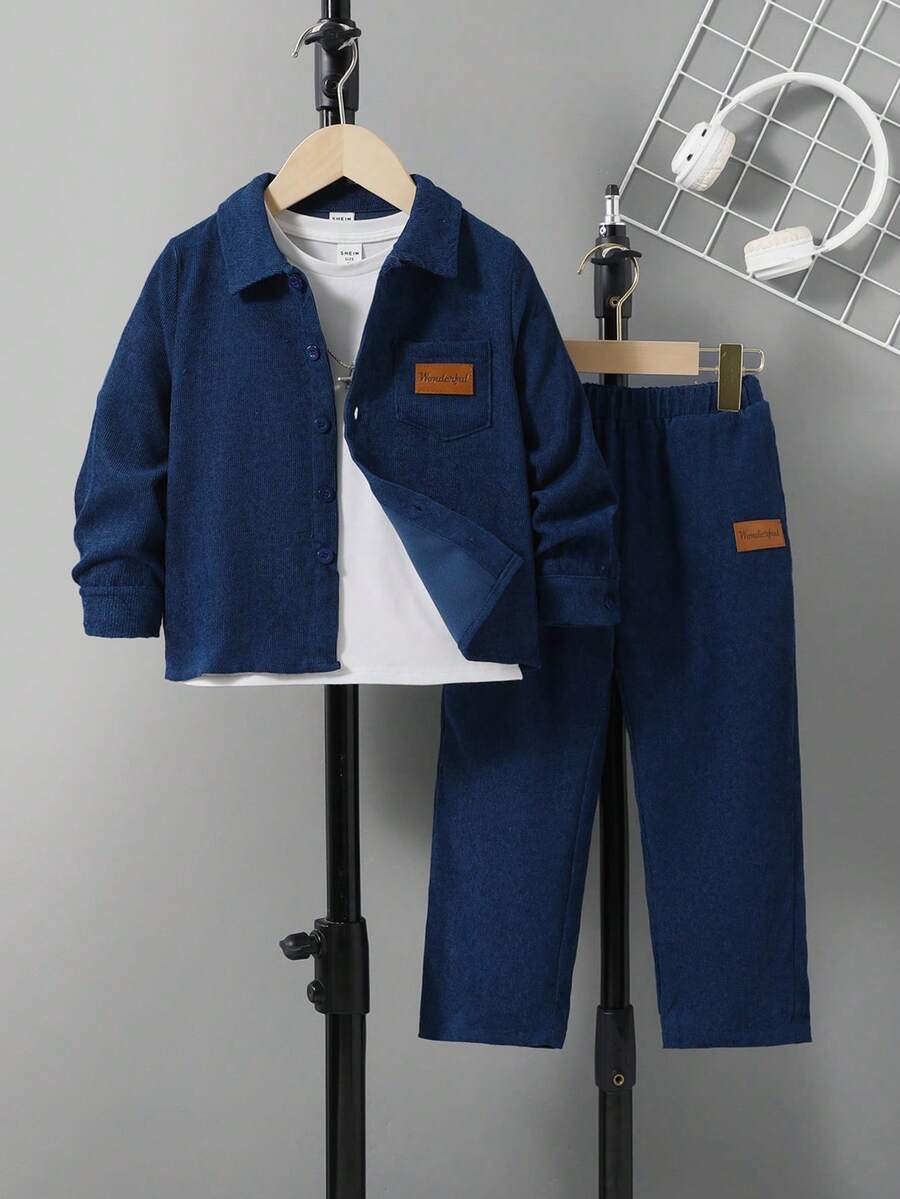 SHEIN 男小童字母補丁細節襯衫和褲子 - 藍色 - 查看 1