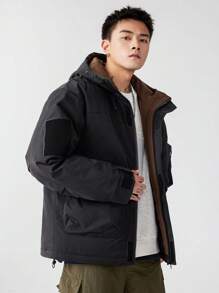 男款帶連帽保暖羽絨外套,下擺帶束帶設計,前拉鍊式 - 黑色 - 查看 4