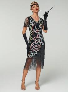 Women's 1920s Vintage Fringed Sequin Mesh Short Sleeve Cocktail Dress - Black - View 1