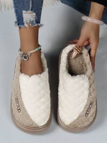 冬季加厚女式室內拖鞋,條紋、網格、純色和簡約設計 - 卡其色 - 查看 1