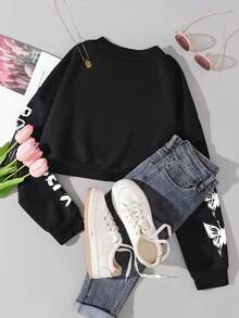 SHEIN Essnce 女性蝴蝶與字母印花短款運動衫 - 黑色 - 查看 2