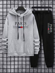 Manfinity Homme 男士字母印花連帽汗衫套裝,附束帶運動衫和運動長褲 - 彩色 - 查看 1