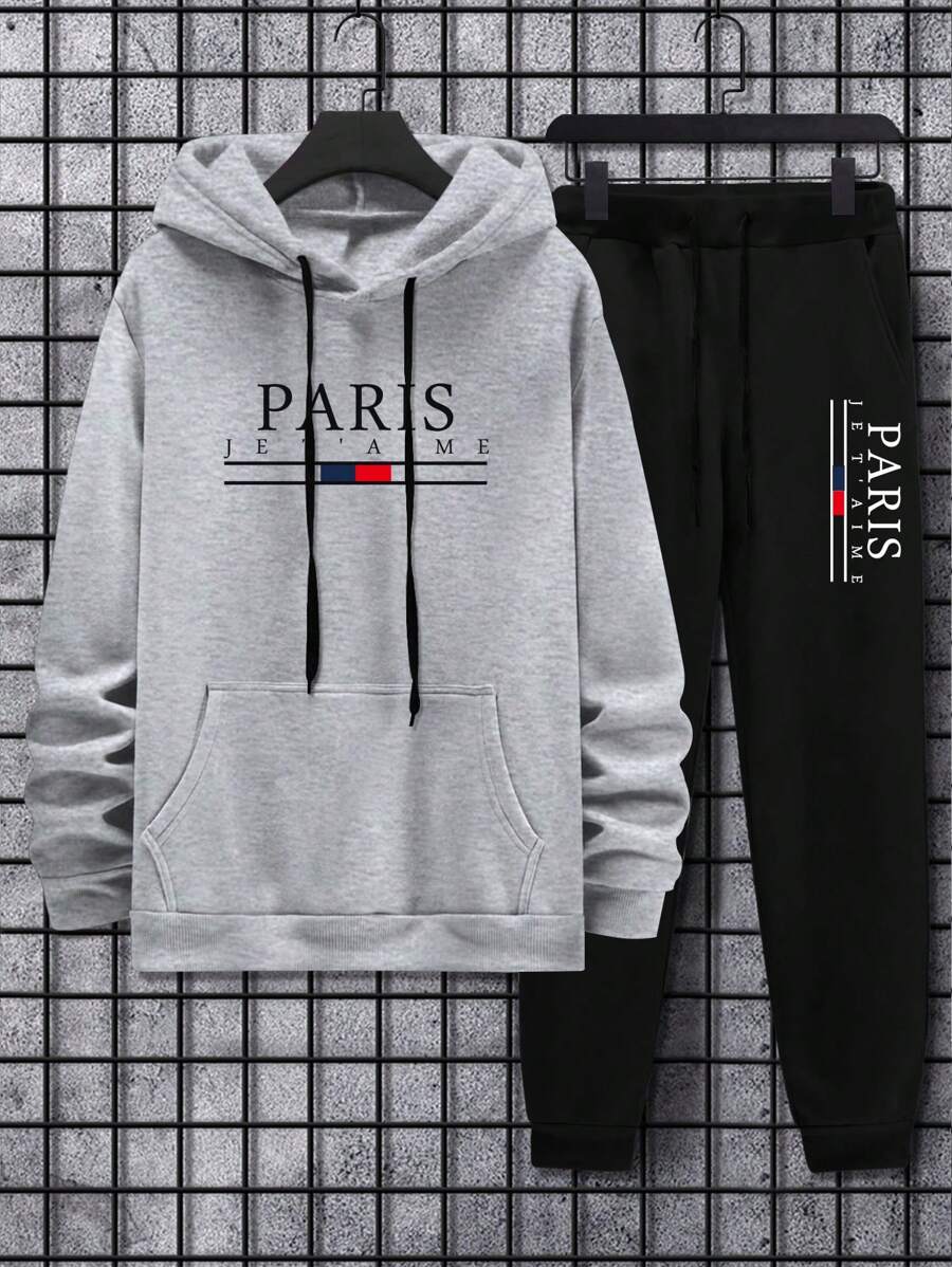 Manfinity Homme 男士字母印花連帽汗衫套裝,附束帶運動衫和運動長褲 - 彩色 - 查看 1