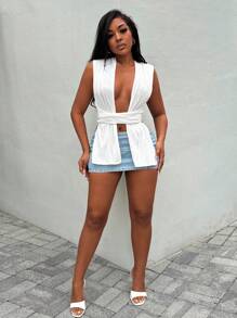 Slaydiva Women's Hollow Out Front & Back Tie Waist Cropped Tank Top - White - View 5