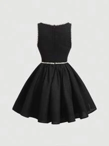 SHEIN MOD Women's Color-Blocked Sleeveless Dress With Waist Cinched Design - Black - View 2