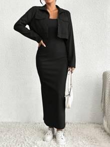 SHEIN Essnce 女式短款翻領外套和cami連衣裙2件套 - 黑色 - 查看 4