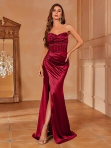 Faeriesty 褶饰前开衩缎面抹胸派对连衣裙 - 酒紅色 - 查看 7