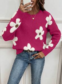 SHEIN LUNE Casual Women's Floral Pattern Sweater - Hot Pink - View 5