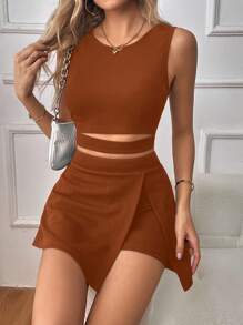 SHEIN Essnce Women's Solid Color Slim Fit 2-Piece Set - Brown - View 6